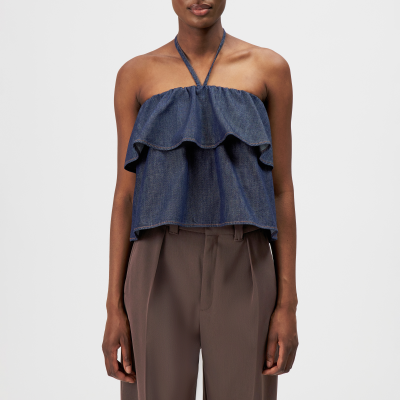 DRYKORN RIVANA Cropped Bandeau-Top mit Neckholder in leichter Denimqualität blau 1