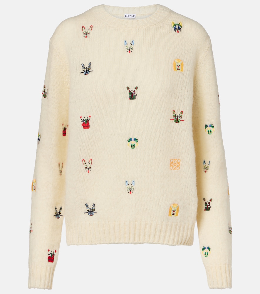 Loewe X Louis Wain Bestickter Pullover aus Wolle, Damen, XS Weiß