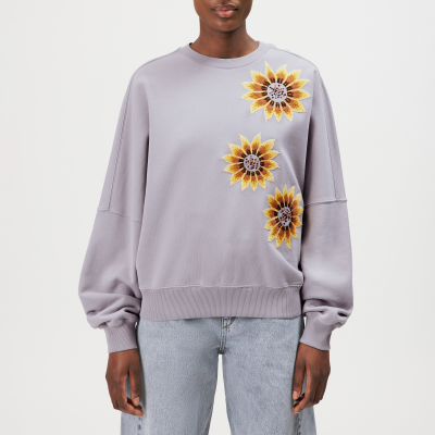 DRYKORN ASTERA-P6 Oversized Sweatshirt mit Sonnenblumenstickerei grau XS