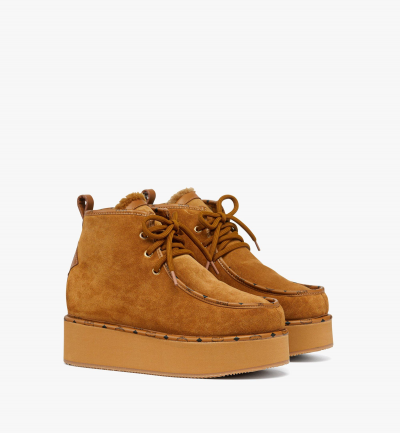 MCM Plateaustiefel aus Kalbsveloursleder Damen COGNAC