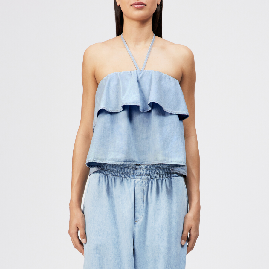 DRYKORN RIVANA Cropped Bandeau-Top mit Neckholder in leichter Denimqualität blau 1